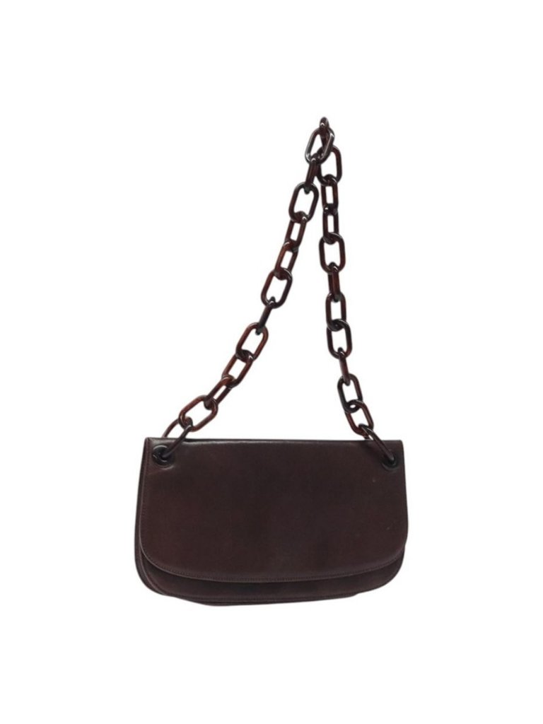 Authentic Prada Chain Shoulder Bag Leather Plastic Brown Silver